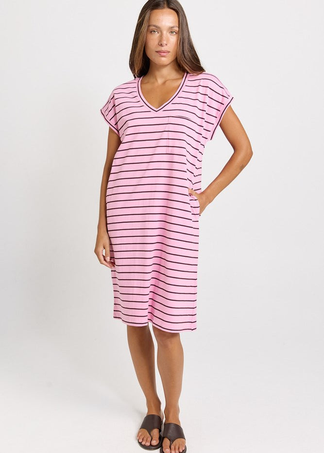 Betty Basics Zena T-Shirt Dress in Pink/Chocolate Stripe - view 2