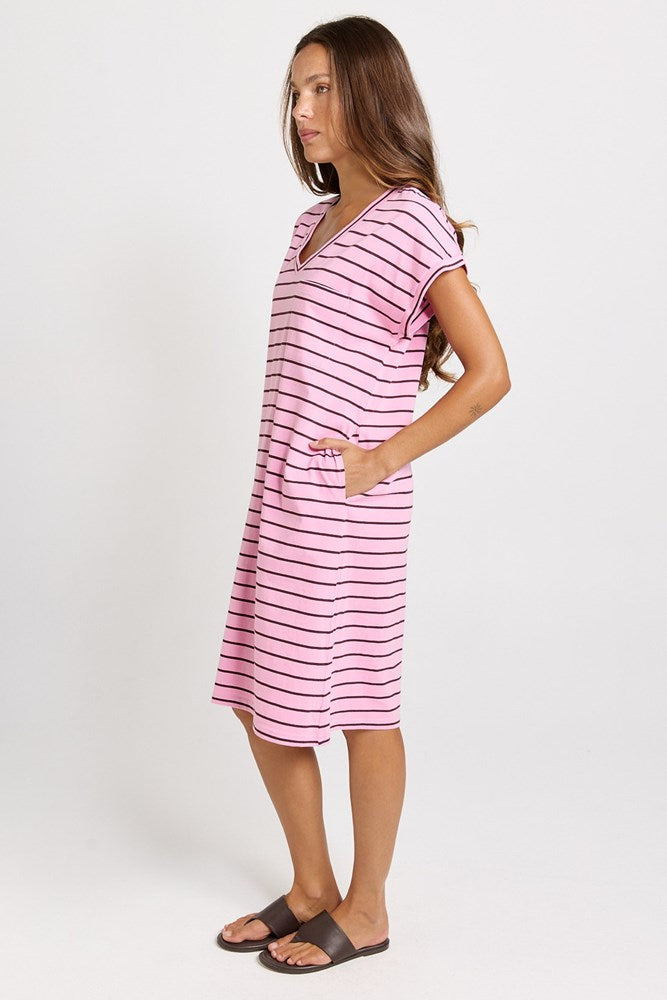 Betty Basics Zena T-Shirt Dress in Pink/Chocolate Stripe - view 3