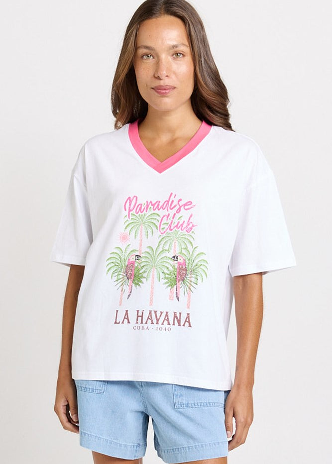 Betty Basics V-Neck Boxy Tee in Paradise Club Print