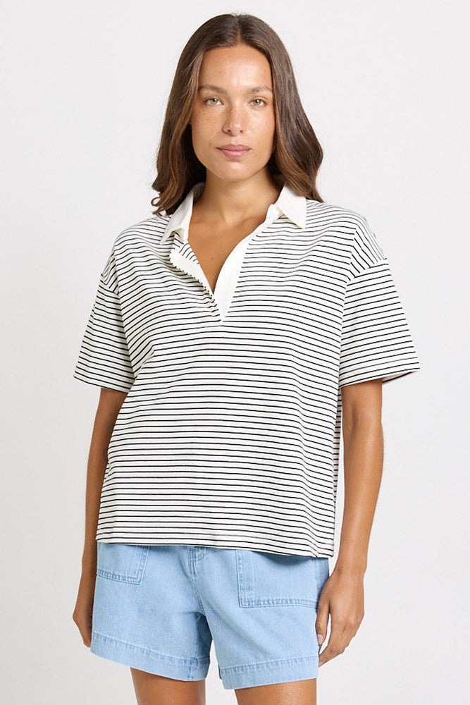 Betty Basics Freddy Polo Top in White/Navy Stripe