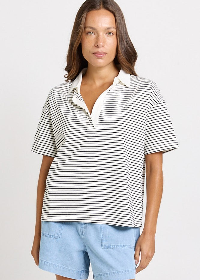 Betty Basics Freddy Polo Top in White/Navy Stripe