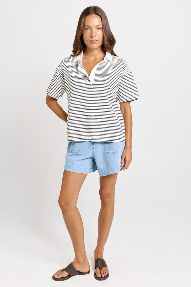 Betty Basics Freddy Polo Top in White/Navy Stripe - view 2