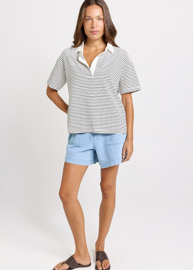 Betty Basics Freddy Polo Top in White/Navy Stripe - view 2
