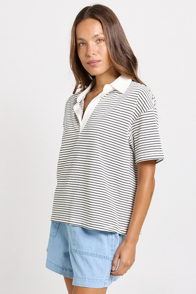 Betty Basics Freddy Polo Top in White/Navy Stripe - view 3