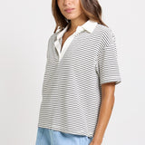 Betty Basics Freddy Polo Top in White/Navy Stripe - view 3
