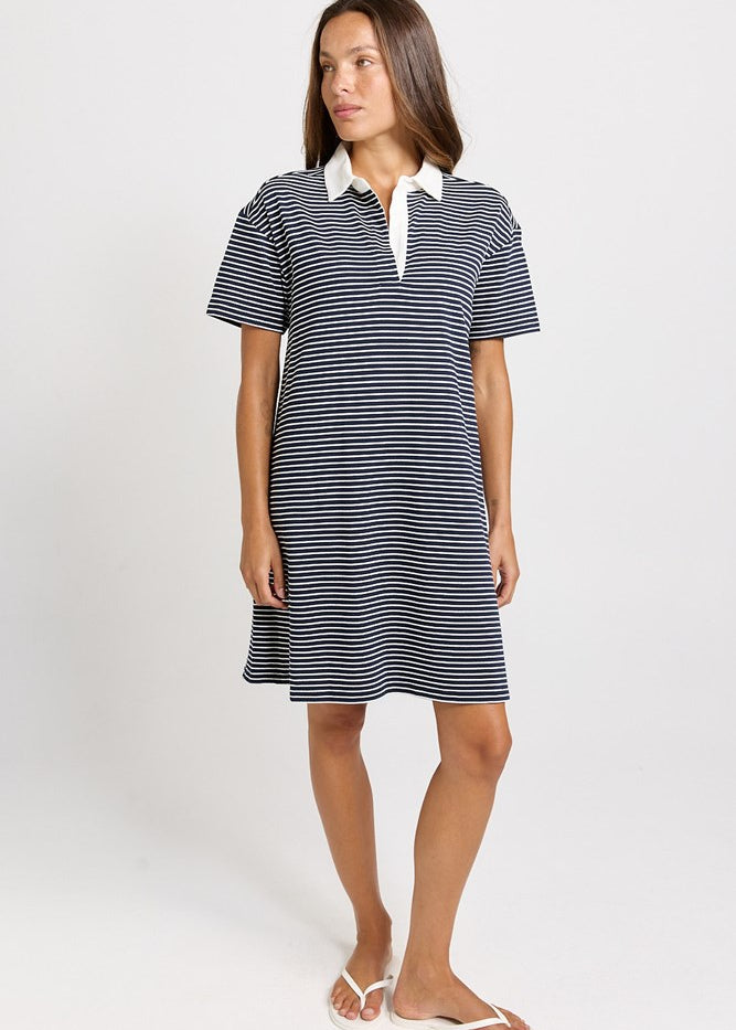 Betty Basics Freddy Polo Dress in Navy/White Stripe - view 2