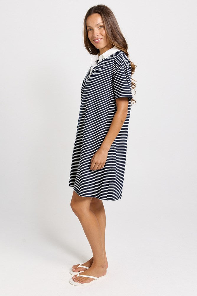Betty Basics Freddy Polo Dress in Navy/White Stripe - view 3
