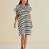 ELISE V-NECK RIB DRESS - White/Black Stripe