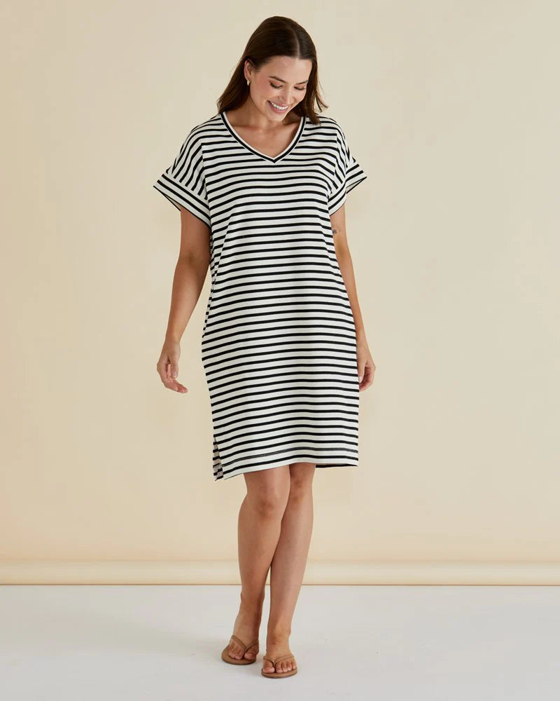 ELISE V-NECK RIB DRESS - White/Black Stripe