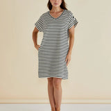 ELISE V-NECK RIB DRESS - White/Black Stripe