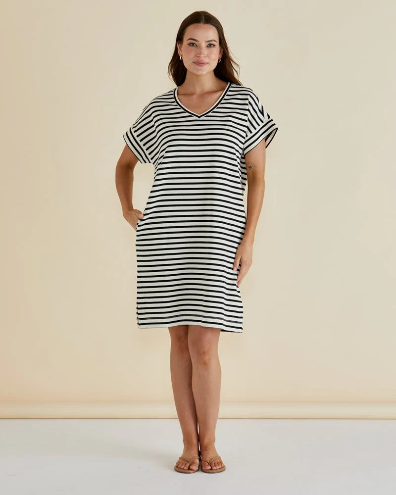ELISE V-NECK RIB DRESS - White/Black Stripe