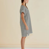ELISE V-NECK RIB DRESS - White/Black Stripe