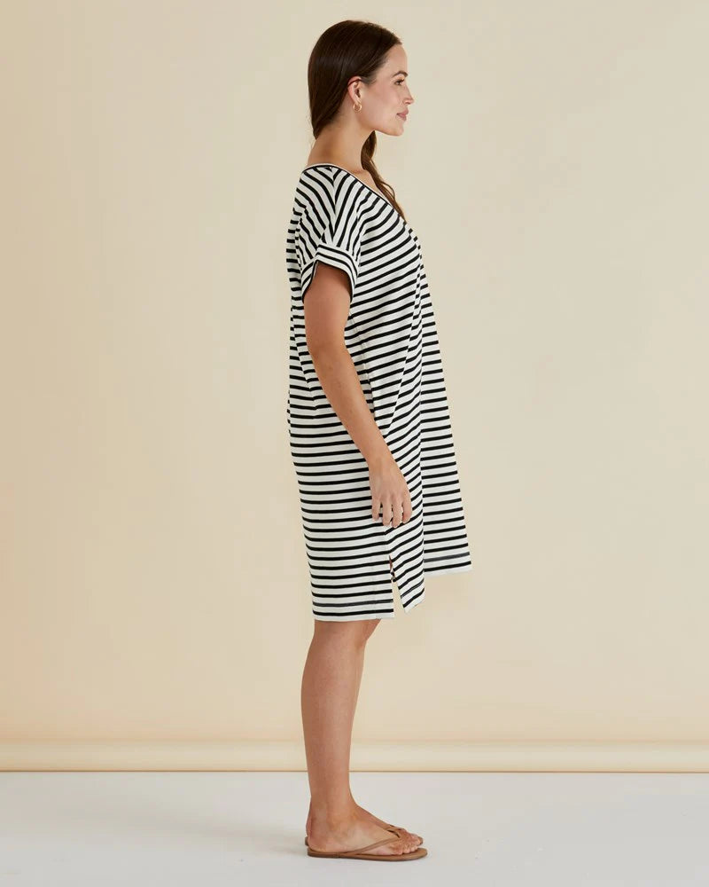 ELISE V-NECK RIB DRESS - White/Black Stripe