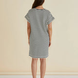 ELISE V-NECK RIB DRESS - White/Black Stripe