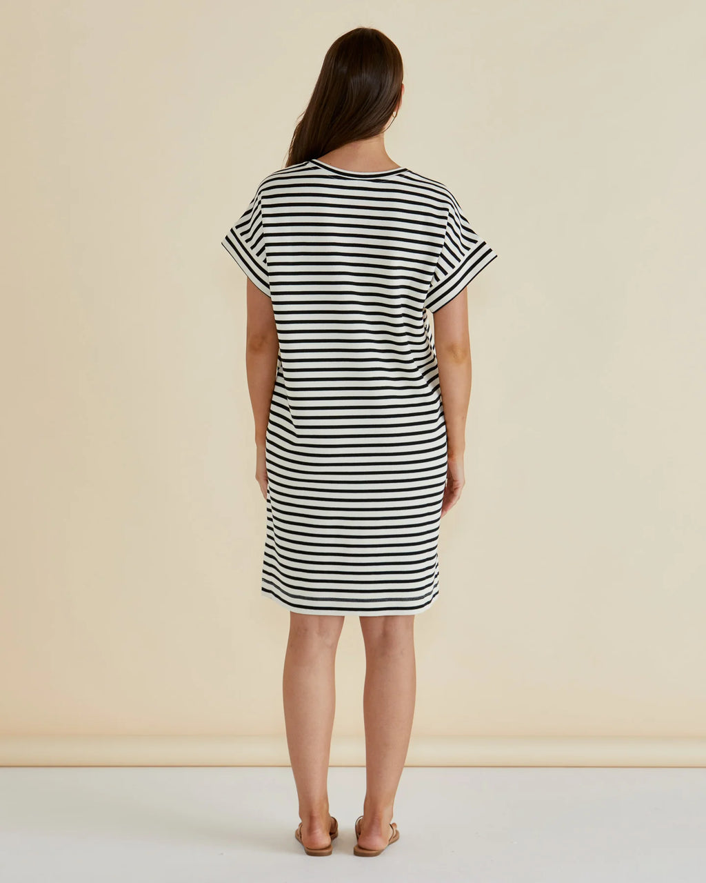 ELISE V-NECK RIB DRESS - White/Black Stripe