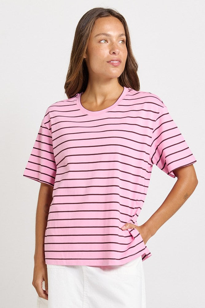 Betty Basics Relax Boxy Tee in Pink/Chocolate Stripe
