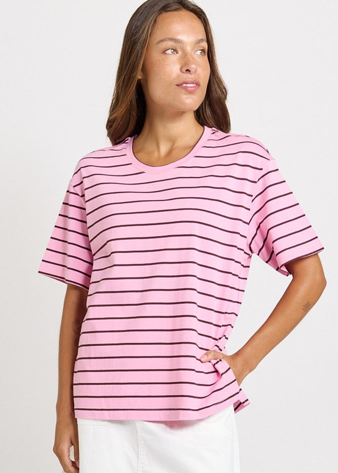 Betty Basics Relax Boxy Tee in Pink/Chocolate Stripe