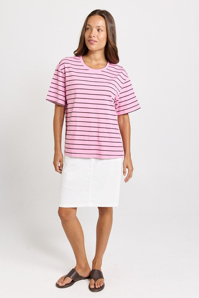 Betty Basics Relax Boxy Tee in Pink/Chocolate Stripe - view 2