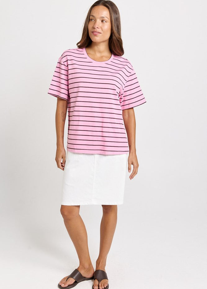 Betty Basics Relax Boxy Tee in Pink/Chocolate Stripe - view 2