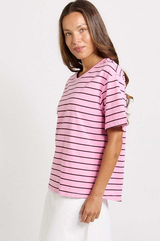 Betty Basics Relax Boxy Tee in Pink/Chocolate Stripe - view 3