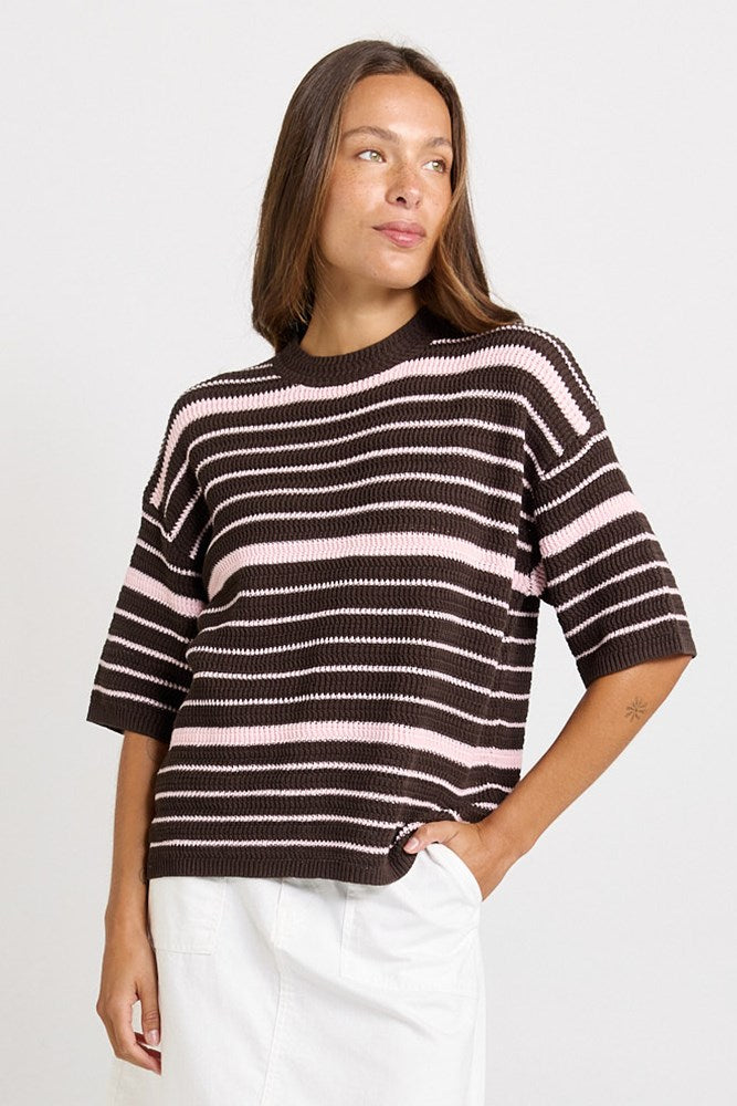 Betty Basics Dylan Knit Tee in Chocolate/Pink Stripe