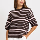 Betty Basics Dylan Knit Tee in Chocolate/Pink Stripe