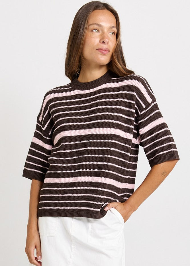 Betty Basics Dylan Knit Tee in Chocolate/Pink Stripe