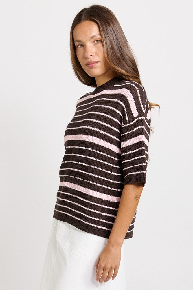 Betty Basics Dylan Knit Tee in Chocolate/Pink Stripe - view 3