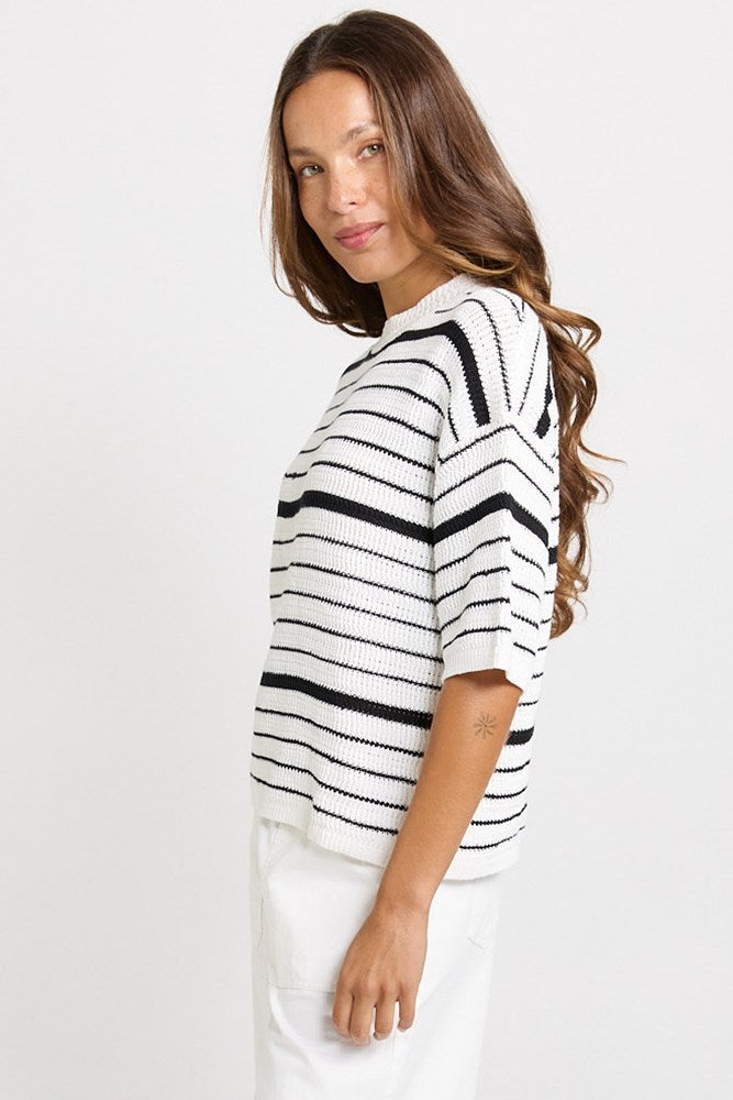 Betty Basics Dylan Knit Tee in White/Black Stripe - view 3