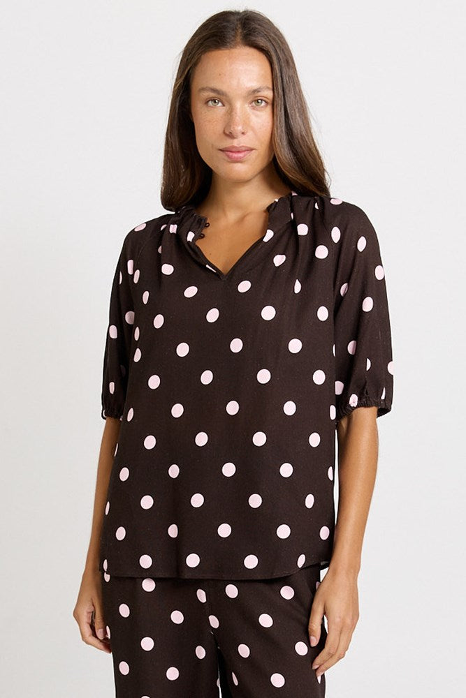 Betty Basics Joanne Blouse in Pink/Choc Polka Dot