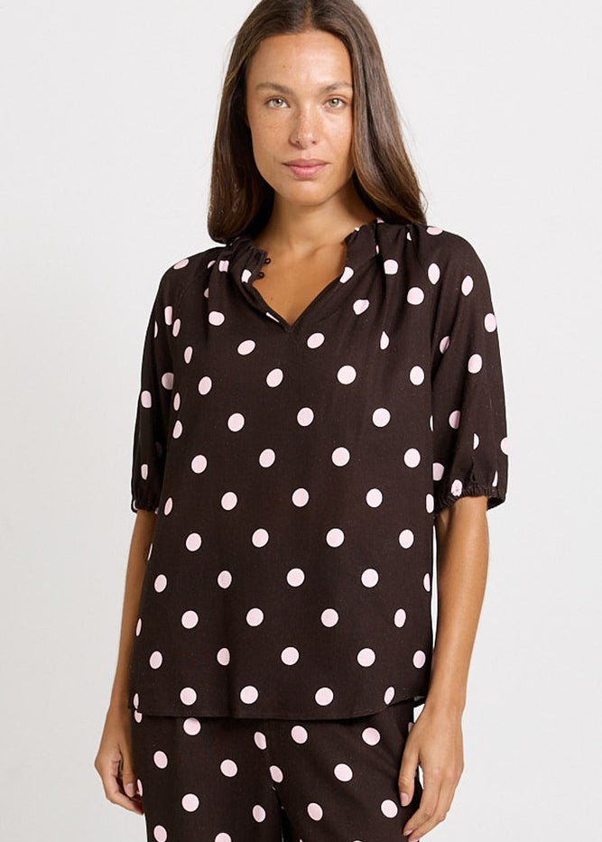 Betty Basics Joanne Blouse in Pink/Choc Polka Dot