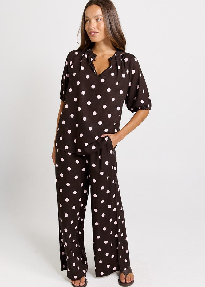 Betty Basics Joanne Blouse in Pink/Choc Polka Dot - view 2