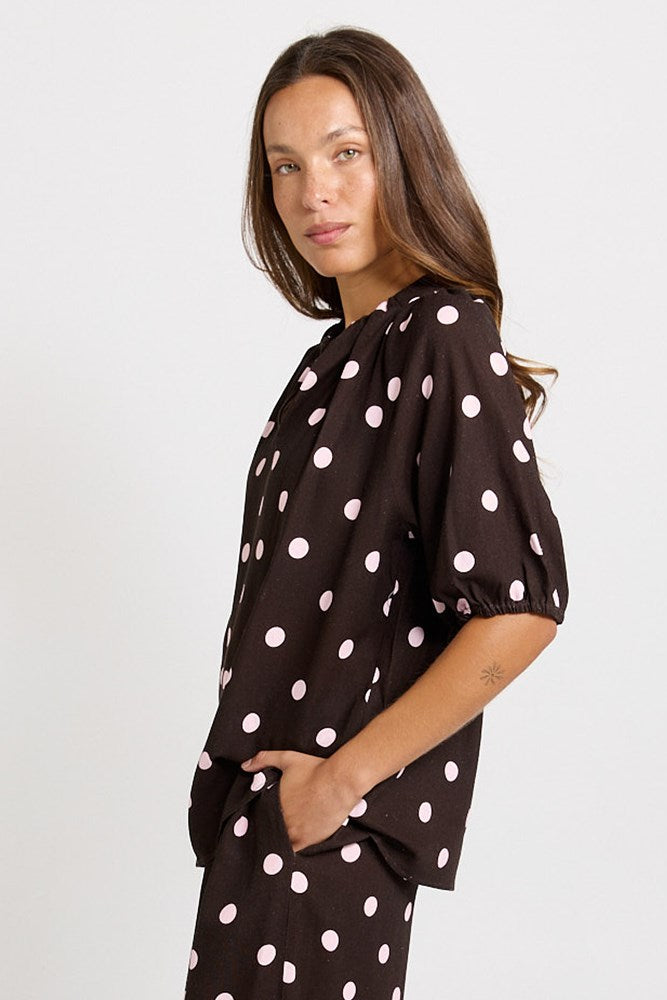 Betty Basics Joanne Blouse in Pink/Choc Polka Dot - view 3
