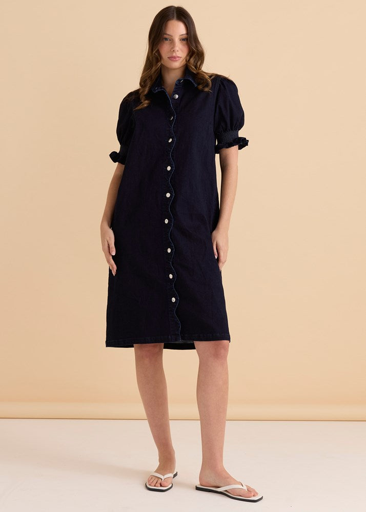 Scallop Denim Dress - Indigo Blue