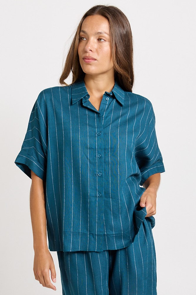 Betty Basics Ophelia Shirt in Teal/White Stripe