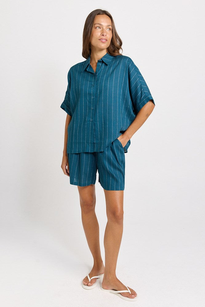 Betty Basics Ophelia Shirt in Teal/White Stripe - view 2