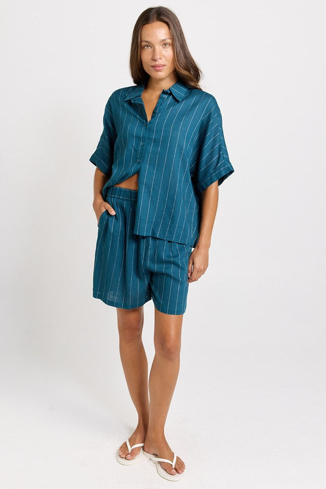 Betty Basics Palm Relax Shorts in Teal/White Stripe - view 2