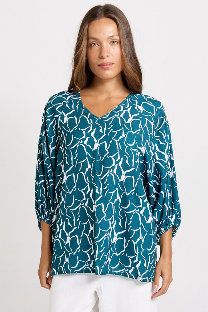 Betty Basics Bella Blouse in Teal Petal Print