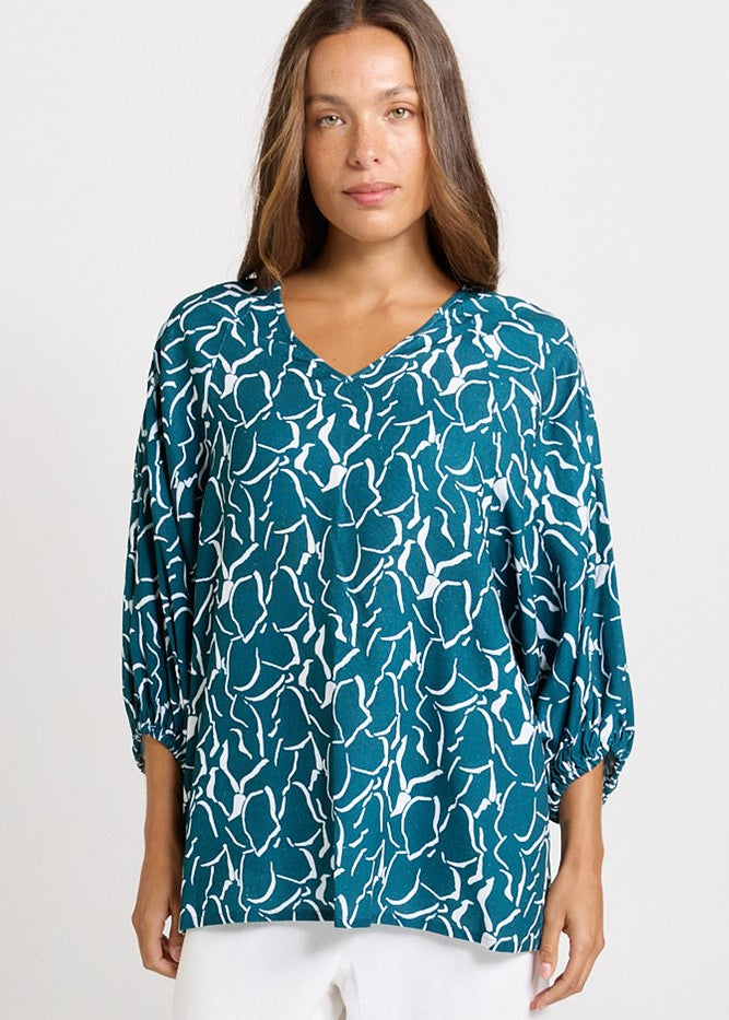Betty Basics Bella Blouse in Teal Petal Print