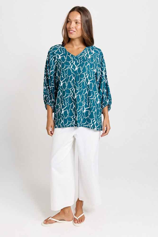 Betty Basics Bella Blouse in Teal Petal Print - view 2