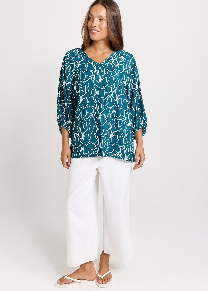 Betty Basics Bella Blouse in Teal Petal Print - view 2
