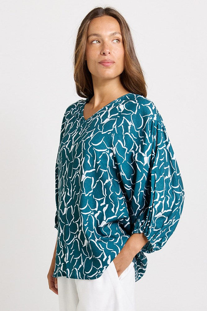 Betty Basics Bella Blouse in Teal Petal Print - view 3