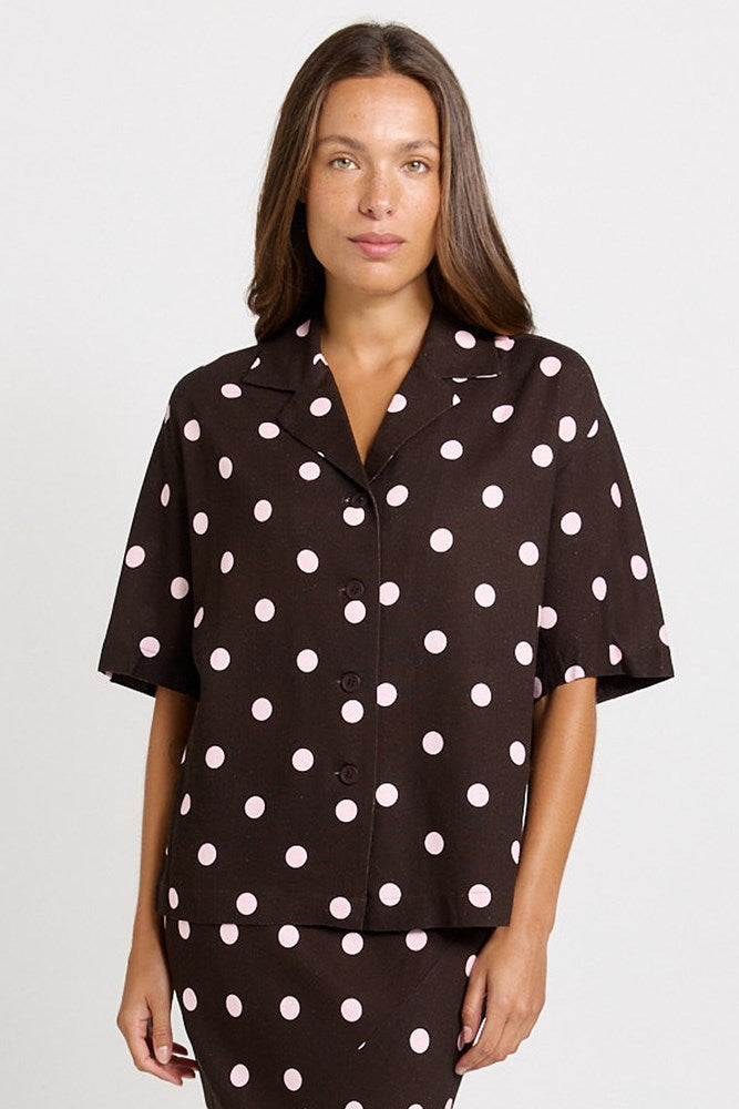 Betty Basics Sable Shirt in Pink/Choc Polka Dot