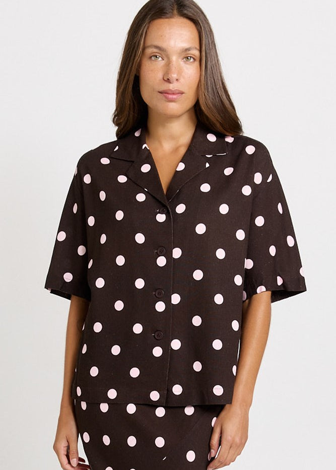 Betty Basics Sable Shirt in Pink/Choc Polka Dot