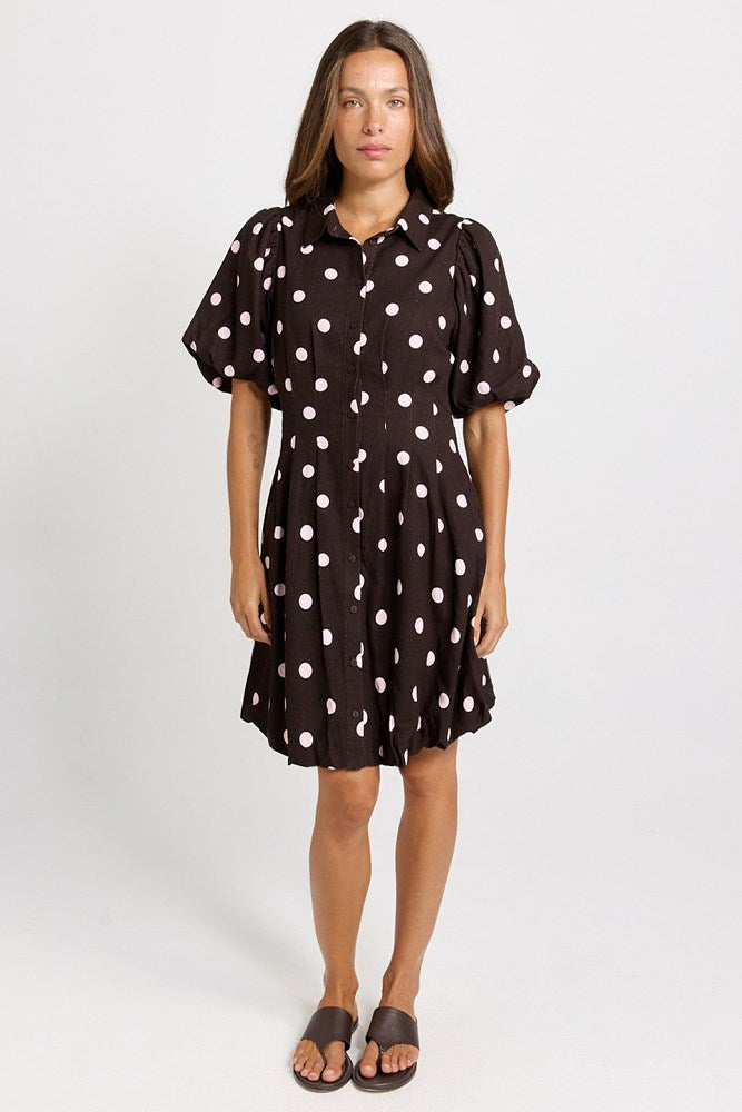 Betty Basics Nancy Shirt Dress in Pink/Choc Polka Dot
