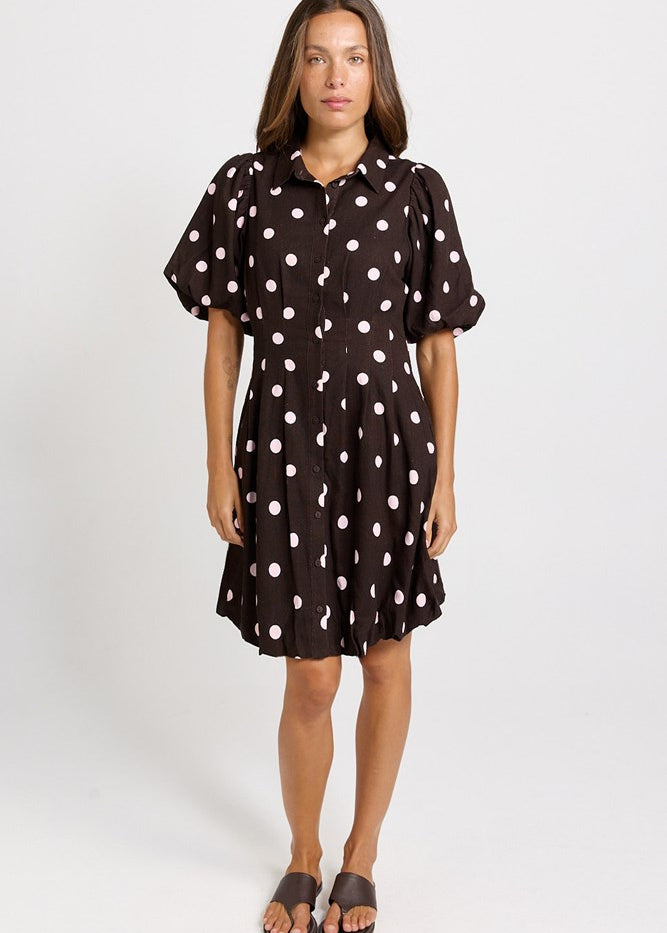 Betty Basics Nancy Shirt Dress in Pink/Choc Polka Dot