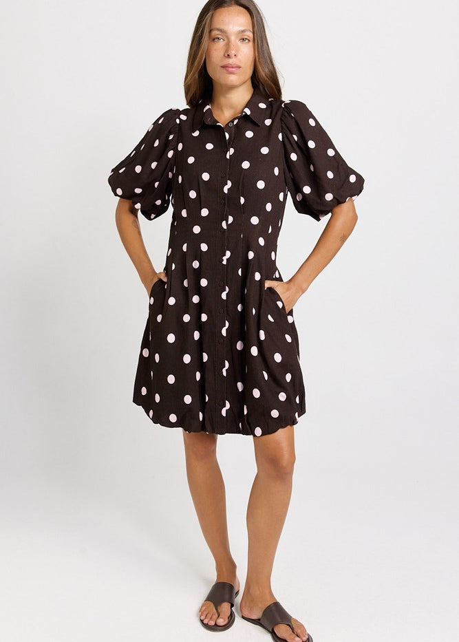 Betty Basics Nancy Shirt Dress in Pink/Choc Polka Dot - view 2