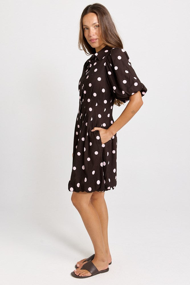 Betty Basics Nancy Shirt Dress in Pink/Choc Polka Dot - view 3
