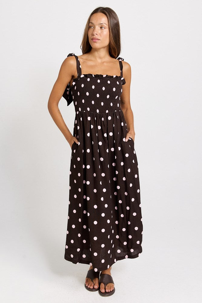 Betty Basics Shirred Maxi Dress in Pink/Choc Polka Dot