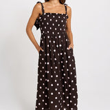 Betty Basics Shirred Maxi Dress in Pink/Choc Polka Dot